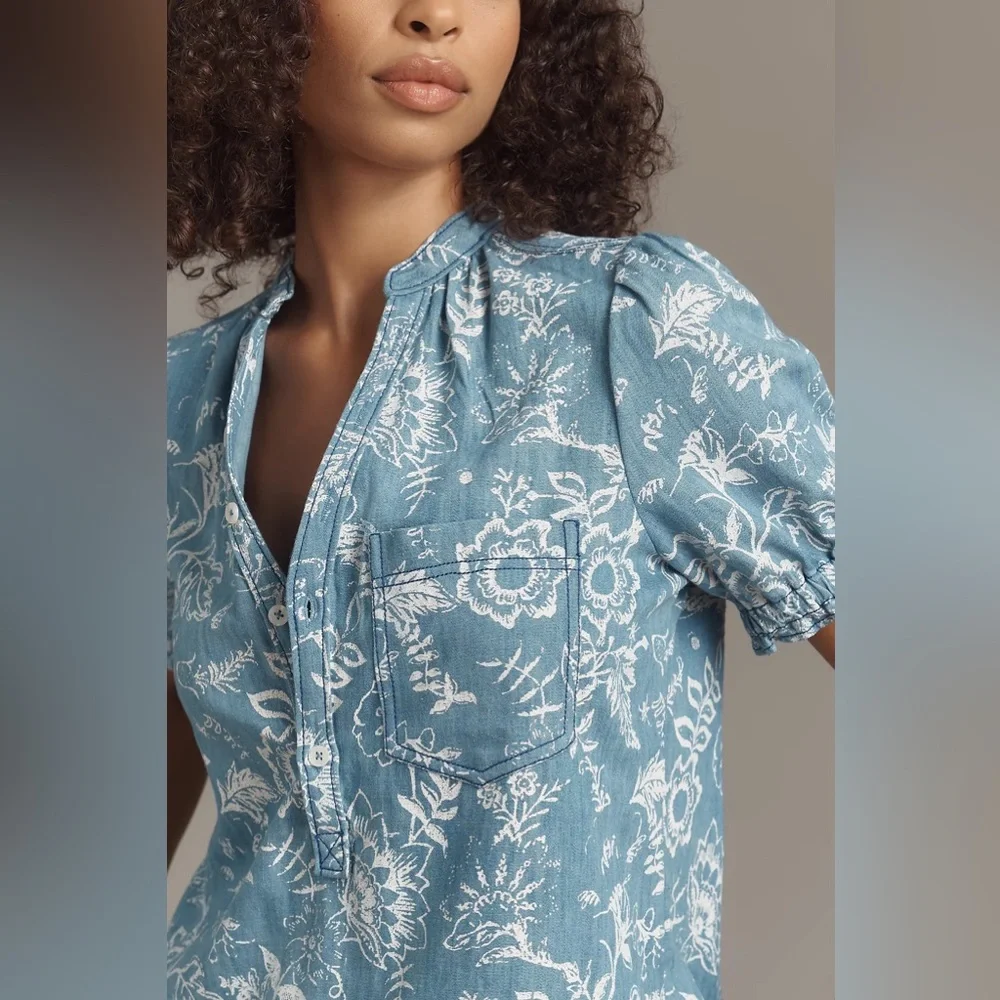 NWT Anthropologie Pilcro The Aly Puff-Sleeve Blouse in Light Denim, Size XS - Picture 4 of 7